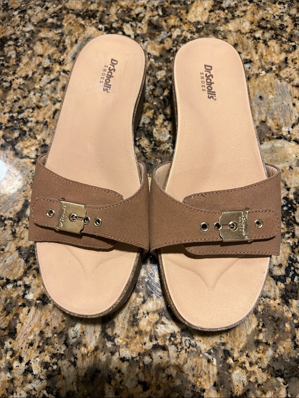 Dr. Scholl's Brown Suede Slide Mules with Gold Buckles